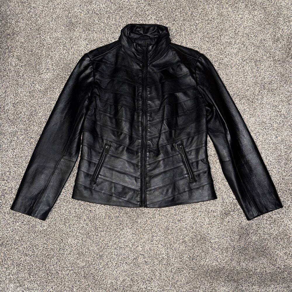Neiman Marcus Exclusive Black Tiered Leather Jacket Womens Size Medium Full Zip